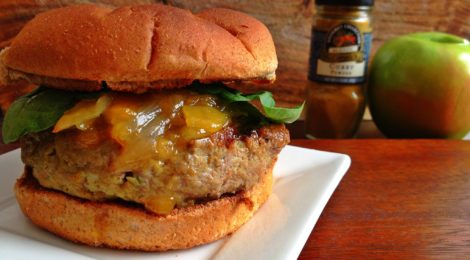 Curried Turkey & Green Apple Burgers with caramelized onion & mango chutney