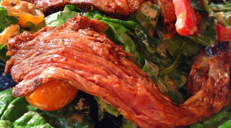 Grilled Chipotle Steak Salad: Baby spinach, grape tomatoes, red pepper, goat cheese, and roasted cashews