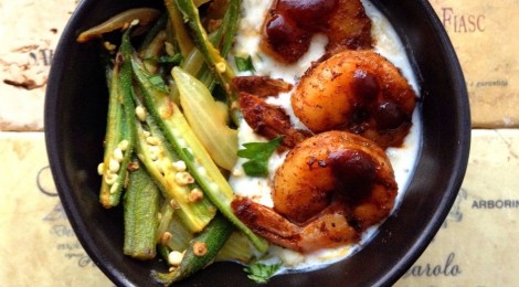 Indian BBQ Shrimp, Okra, and Zucchini Raita