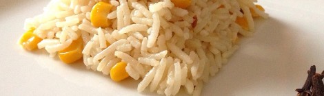 Coconut corn pulau: basmati rice with whole spices, coconut milk, and sweet corn