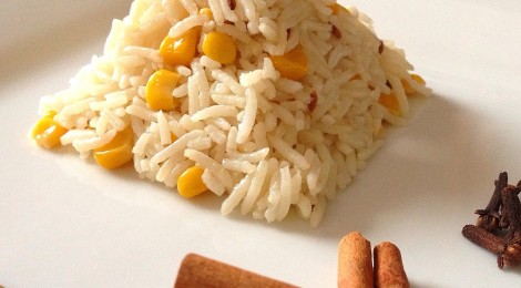 Coconut corn pulau: basmati rice with whole spices, coconut milk, and sweet corn