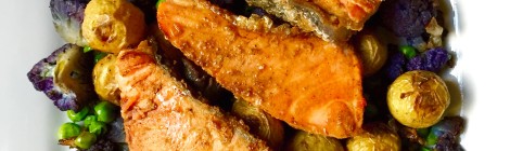 Weeknight Dinner Saver: Salmon Tikka over oven-roasted Honey Gold baby potatoes, purple cauliflower, and green peas